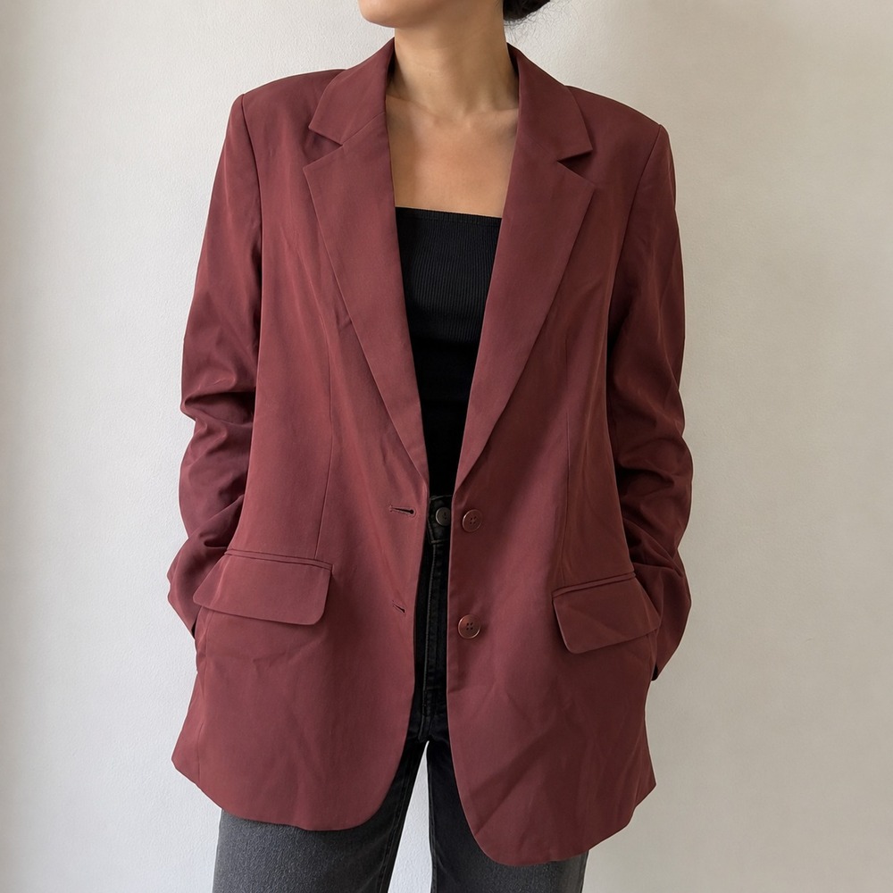 Express Burgundy Brown Two Button Stretch Blazer L Longline Career Minimalist